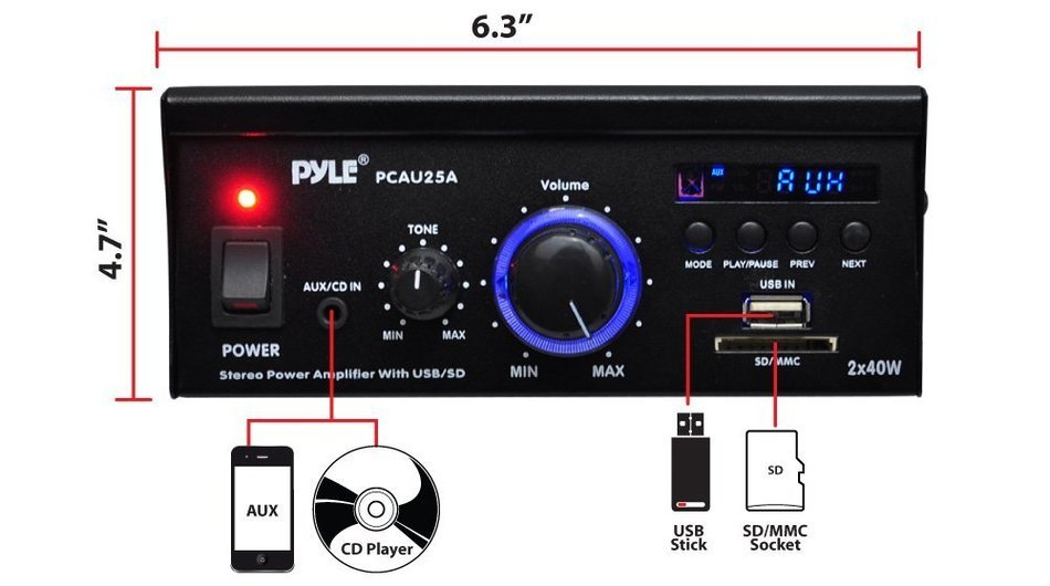 Pyle Home PCAU15A 2 x 15 Watts Mini Power Amplifier with LED Display N17