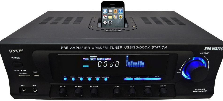Pyle Home PT270AIU 300-Watt Stereo Receiver AM-FM Tuner, USB/SD, iPod Docking Station and Subwoofer Control N2