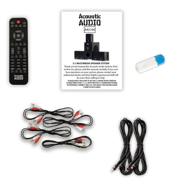Acoustic Audio AA5104 Home Theater 5.1 Speaker System with USB Bluetooth and 2 Extension Cables