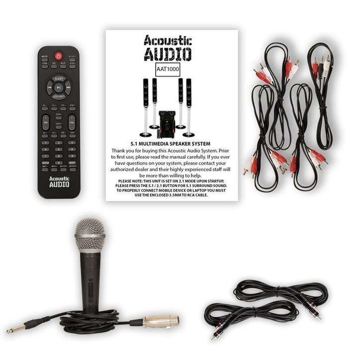 Acoustic Audio AAT1000 Tower 5.1 Speaker System with Mic Powered Sub and 2 Extension Cables N2