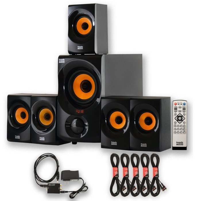 Acoustic Audio AA5170 Home 5.1 Bluetooth Speaker System with Optical Input and 5 Extension Cables N2