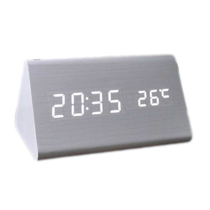 SILILUN Wooden Triangle LED Digital Sound Control Alarm Clock 15x9x8cm Battery/DC powered N2