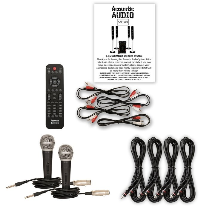 Acoustic Audio AAT1000 Tower 5.1 Speaker System with 2 Mics Powered Sub and 4 Extension Cables N2