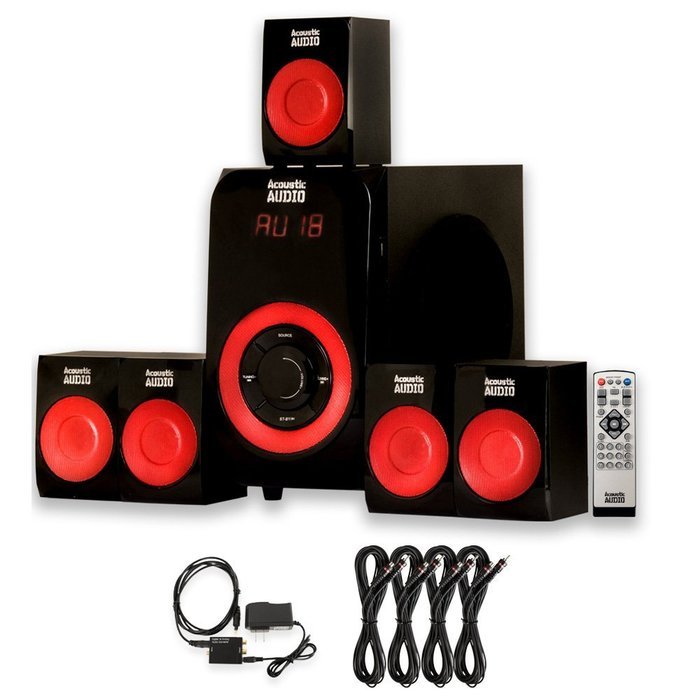 Acoustic Audio AA5180 Home 5.1 Bluetooth Speaker System with Optical Input and 4 Extension Cables