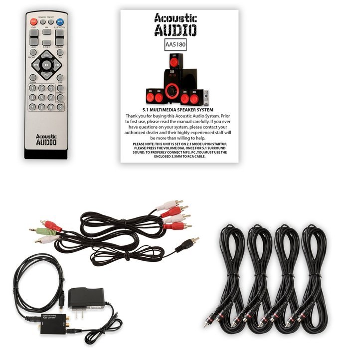 Acoustic Audio AA5180 Home 5.1 Bluetooth Speaker System with Optical Input and 4 Extension Cables N2