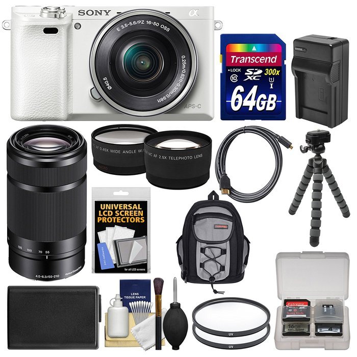 Sony Alpha A6000 Wi-Fi Digital Camera & 16-50mm Lens (White) with 55-210mm Lens + 64GB Card + Case + Battery/Charger...