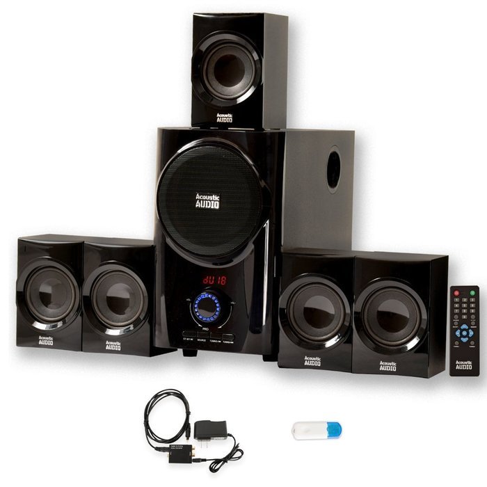Acoustic Audio AA5160 Home Theater 5.1 Speaker System with USB Bluetooth Optical Input and FM Tuner