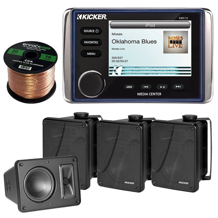 Kicker KMC10 All In One Marine Boat Bluetooth Stereo Receiver Bundle Combo With 2x 6.5" Inch Black Bookshelf Waterproof...