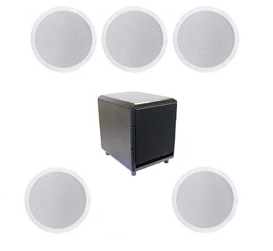 5.1 Home Theater Flush Inwall Speaker Package with Amplified Subwoofer- Five Flush Ceiling 6.5" 2-way Speakers...