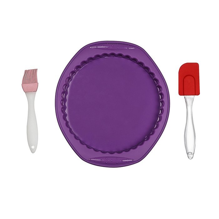 9.5'' Round Cake Pan w/ Brush and Spatula Random Color, 9.5-inch Diameter, 100% Food Grade Premium Nonstick Silicone... N3