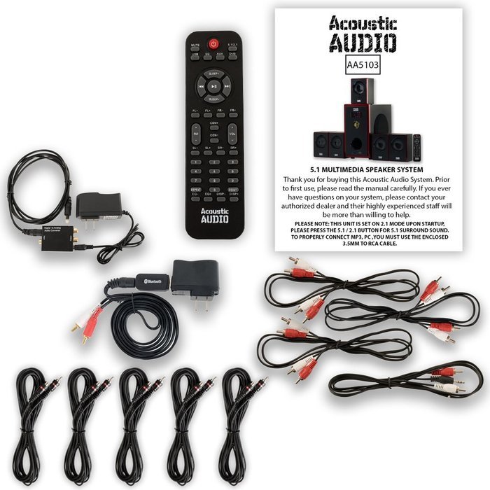 Acoustic Audio AA5103 800W 5.1 Speaker System with Bluetooth, Optical Input and 5 Extension Cables AA5103BD-5 N2