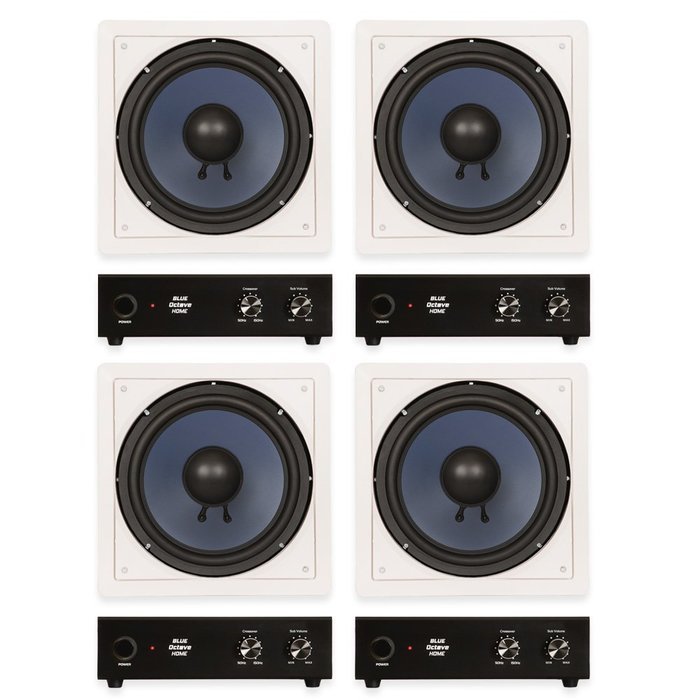 Blue Octave LW10 In Wall 10" Passive Subwoofer Speakers Home Theater 4 Sub and 4 Amp Set