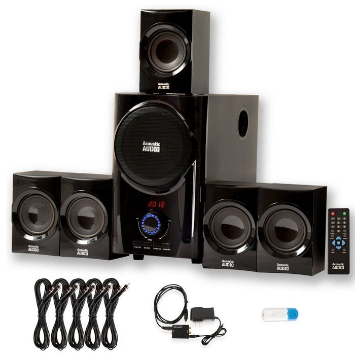 Acoustic Audio AA5160 Home 5.1 Speaker System with USB Bluetooth Optical Input FM and 5 Ext. Cables