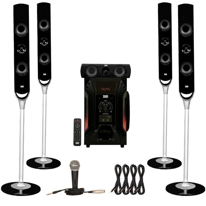Acoustic Audio AAT1000 Tower 5.1 Speaker System with Mic Powered Sub and 4 Extension Cables
