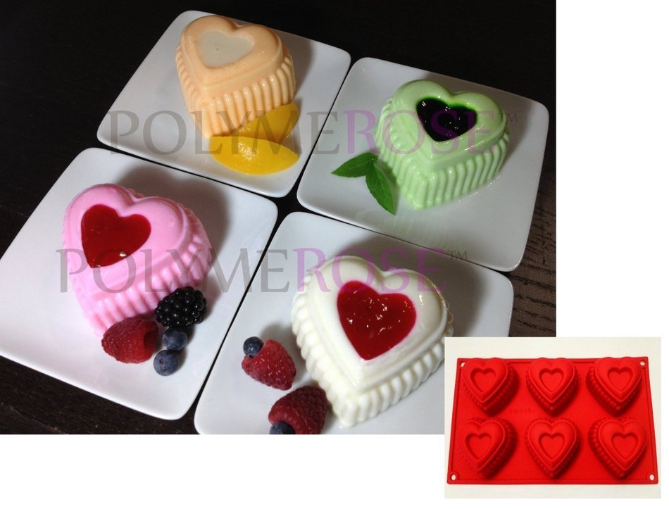 Polymerose 6 Cavity Silicone Ruffled HEARTS Pan for Desserts and Cakes