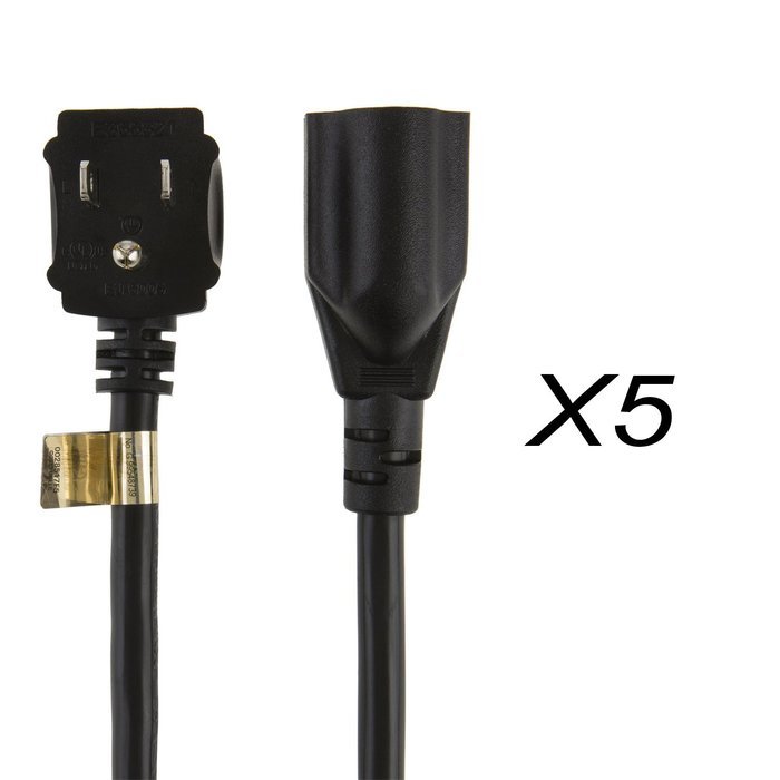 CableCreation [5-PACK] 1 Foot 16 AWG Angle Power Extension Cable Cord For NEMA 5-15R to NEMA 5-15P, 0.3M / Black N2
