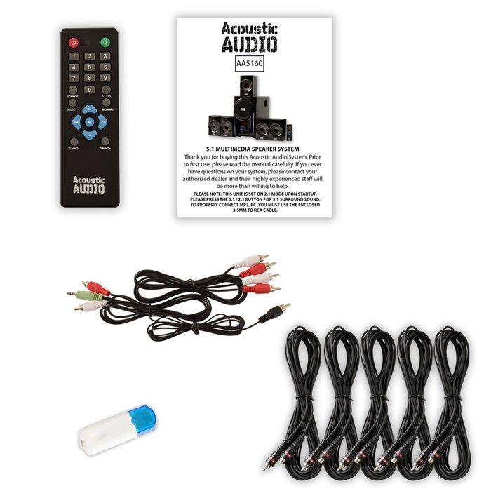 Acoustic Audio AA5160 Home Theater 5.1 Speaker System with USB Bluetooth FM and 5 Extension Cables