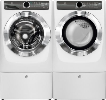 Electrolux White Front Load Laundry Pair with EFLS517SIW 27" Washer, EFMG517SIW 27" Electric Dryer and 2 EPWD157SIW...