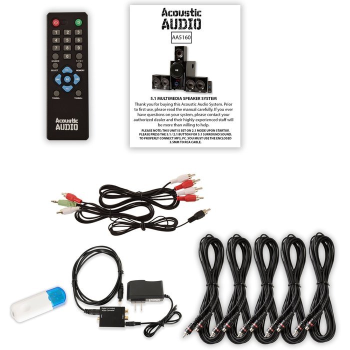 Acoustic Audio AA5160 Home 5.1 Speaker System with USB Bluetooth Optical Input FM and 5 Ext. Cables N2