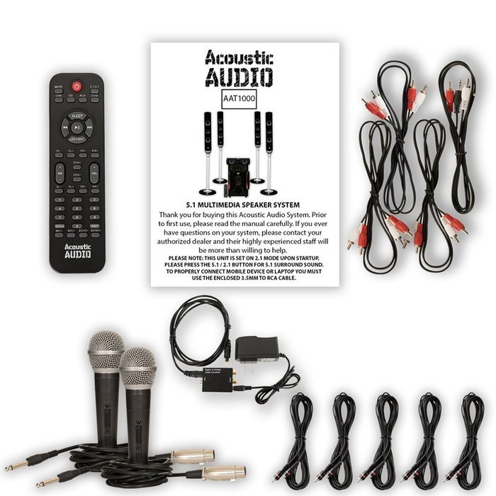Acoustic Audio AAT1000 Tower 5.1 Speaker System with Optical Input 2 Mics and 5 Extension Cables