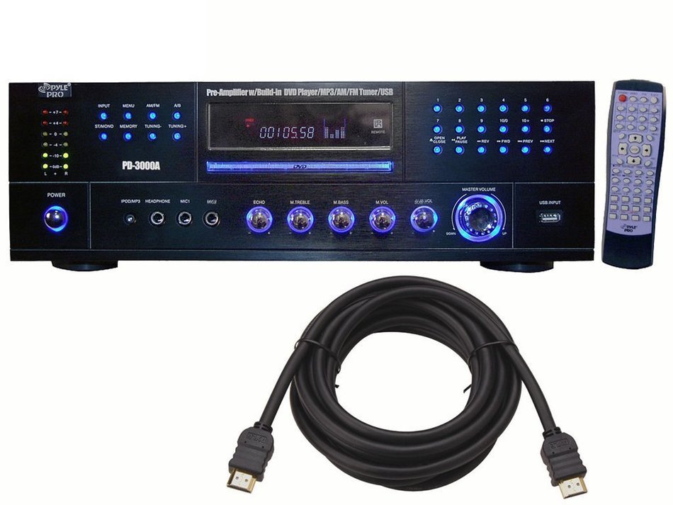 Pyle - 3000W AM-FM Receiver with Built-In DVD/MP3/USB + 6Ft. High Definition HDMI Cable. N2