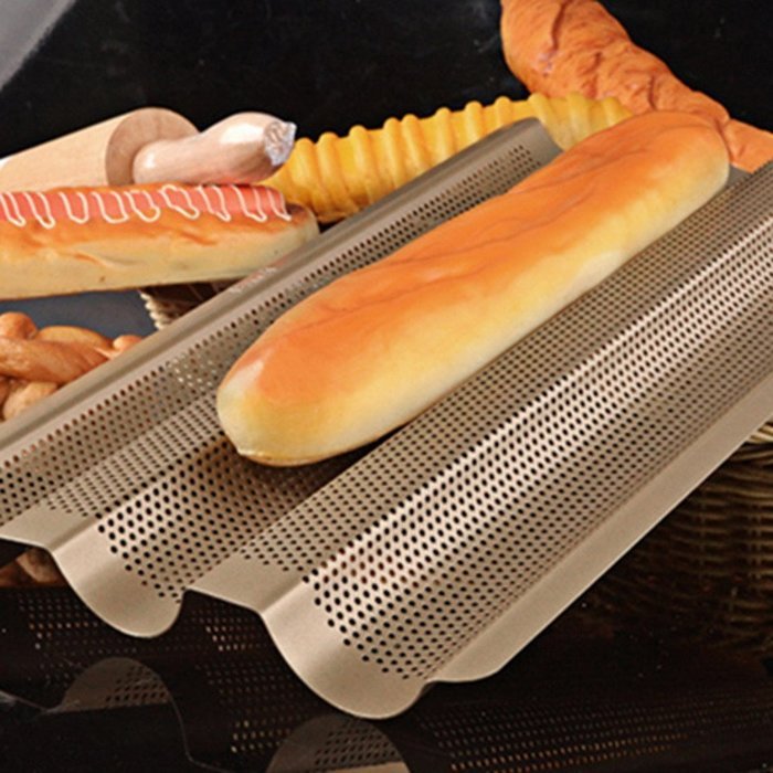 Whitelotous 3 Gutters Non-stick Perforated Baguette Pan French Bread Pan Wave Loaf Bake Mold - Champagne N5