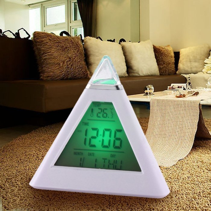 Vktech 7 LED Color Pyramid Digital LCD Alarm Clock Thermometer N6