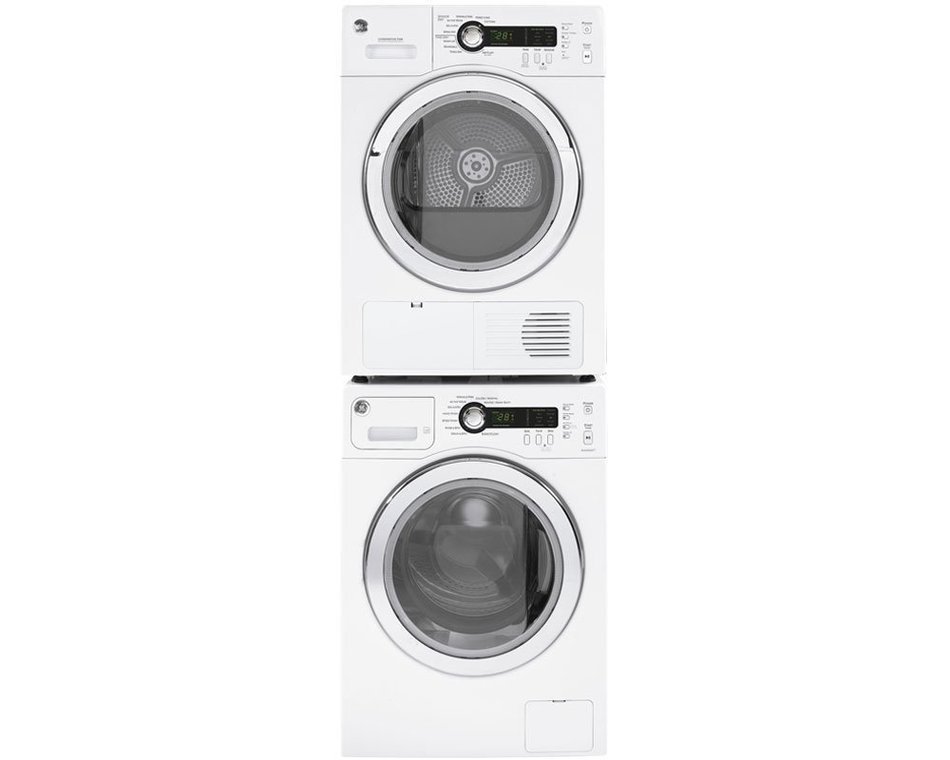 GE White Compact Laundry Pair with WCVH4800KWW 24" Washer, DCVH480EKWW 24" Electric Dryer and GE24STACK Stacking...