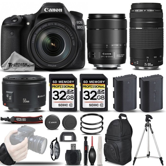 Canon EOS 80D Wi-Fi Full HD 1080P Digital SLR Camera + Canon 18-135mm IS USM Lens + Canon 75-300mm III Lens +... N2