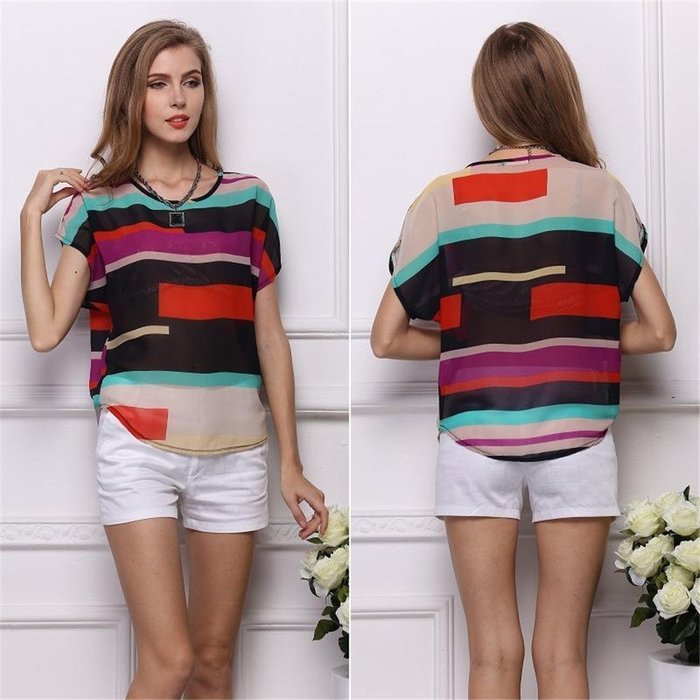 Banggood Irregular shape Loose tops Striped Chiffon Short-sleeved T Shirt for women N5