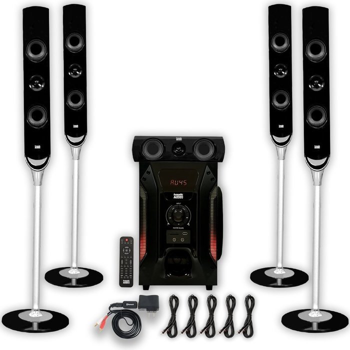 Acoustic Audio AAT1000 Tower 5.1 Home Speaker System with Bluetooth and 5 Extension Cables N2