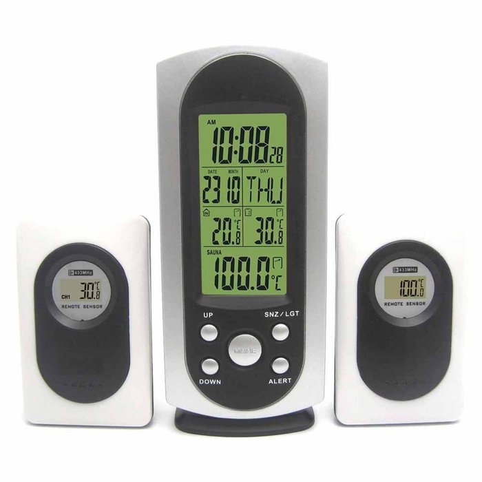 RF Wireless Weather Station with Indoor Ourdoor Sauna Thermometer Remote Sensor Digital Alarm Clock Green Backlight N3