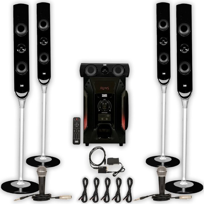 Acoustic Audio AAT1000 Tower 5.1 Speaker System with Optical Input 2 Mics and 5 Extension Cables N2