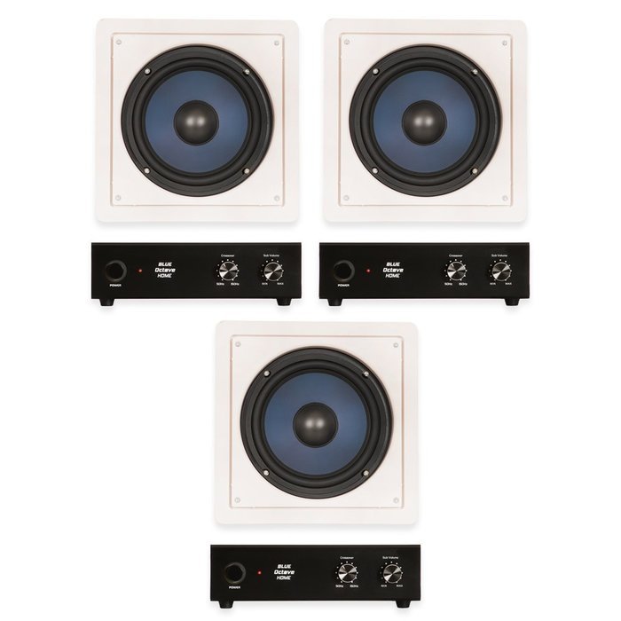 Blue Octave RW8 In Wall 8" Passive Subwoofer Speakers Home Theater 3 Sub and 3 Amp Set