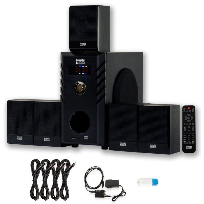 Acoustic Audio AA5104 Home 5.1 Speaker System with USB Bluetooth Optical Input and 4 Ext. Cables