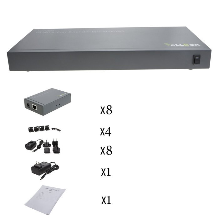VeLLBox HDMI 4-port Extender by cat-5e/6 cable 50m Support Resolution up to 1080p, Universal Power Adapter, Grey N18