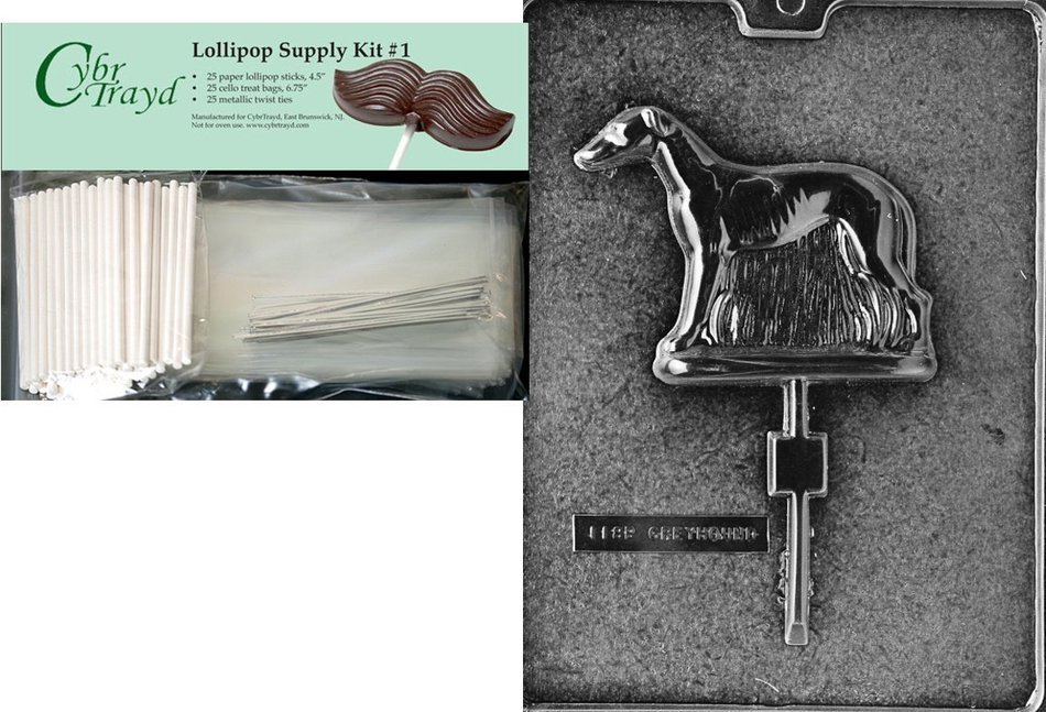 Cybrtrayd "Greyhound Lolly" Dog Chocolate Candy Mold with Lollipop Supply Bundle of 25 Lollipop Sticks, 25 Cello...