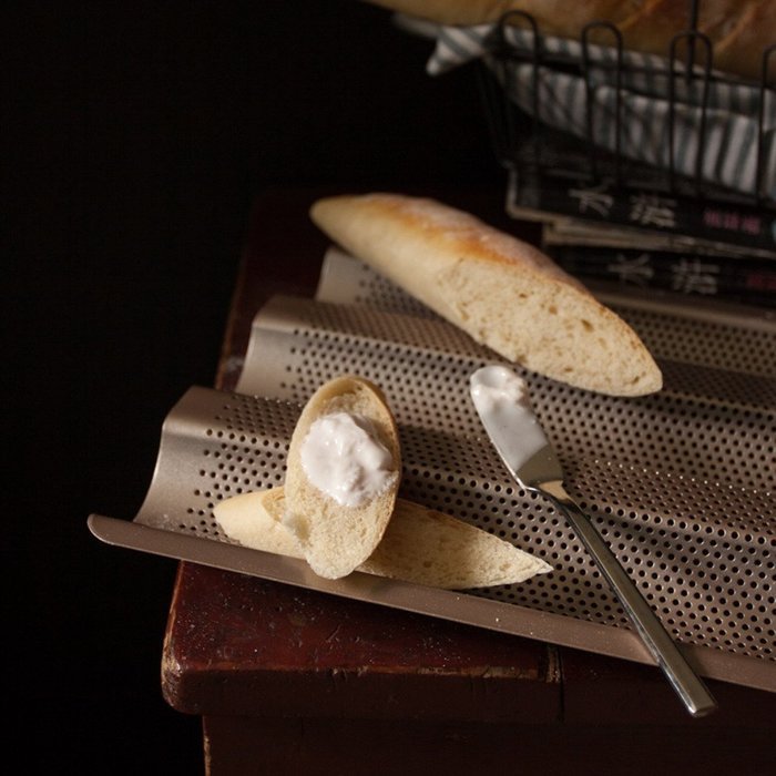 Whitelotous 3 Gutters Non-stick Perforated Baguette Pan French Bread Pan Wave Loaf Bake Mold - Champagne N6