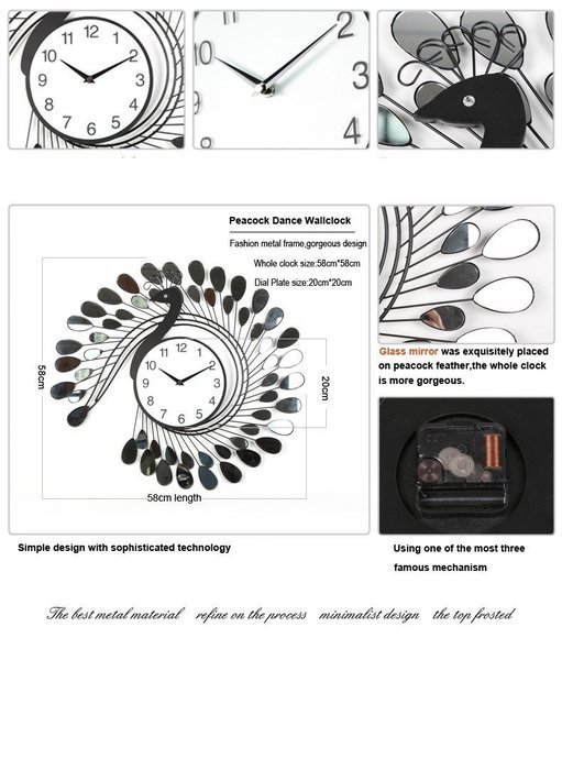 Modern Design Creative Peacock Wall Clocks Home Decoration Living Room Metalic Clocks Wall Muting Clock 20Inch N2