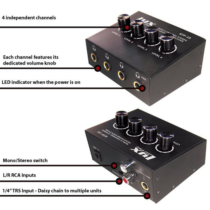 LyxPro STP10 Compact 4 Channel Headphone Amplifier 1/4" and 3.5mm (Mini 1/8") Stereo Mono & RCA Inputs, Clean... N2