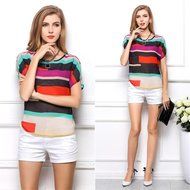 Banggood Irregular shape Loose tops Striped Chiffon Short-sleeved T Shirt for women N6