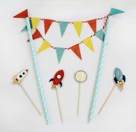 Blue Cartoon Cake Bunting Banner Flag Toppers Picks Wrap Decorating Kits Spaceship Party Supplies Favors Baby... N2