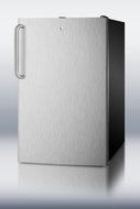 Summit CM421BLSSTB: 20" wide counter height refrigerator-freezer with a lock, stainless steel door, towel N3