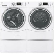 GE White Front Load Laundry Pair with GFWN1600JWW 27" Washer, GFDN160EJWW 27" Electric Dryer and 2 SBSD137HWW...