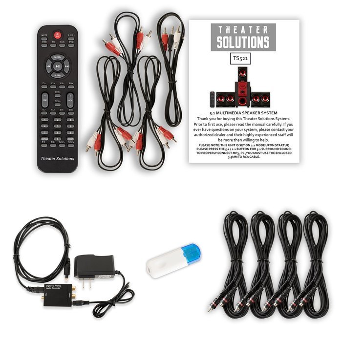 Theater Solutions TS521 Home 5.1 Speaker System with USB Bluetooth Optical Input and 4 Ext. Cables N2