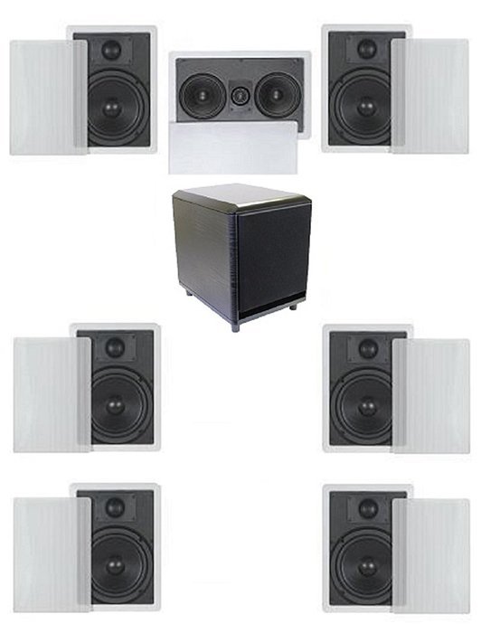 7.1 Home Theater Flush Inwall Speaker Package with Amplified Subwoofer- Six Inwall 6.5" 2-way Speakers, One Inwall...