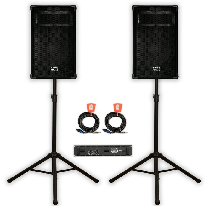 Acoustic Audio DR12 PA DJ Karaoke 12" Speaker Pair, Amp, Stands and Cables 1200 Watts 2 Way DR12-PK4 N2