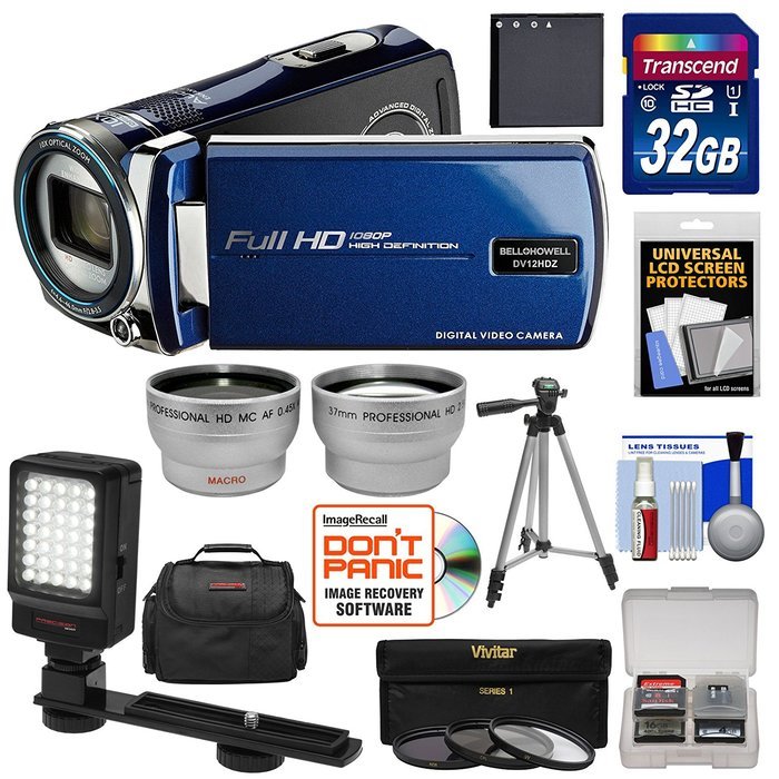 Bell & Howell DV12HDZ 1080p HD Video Camera Camcorder (Blue) with 32GB Card + Battery + Case + Tripod + Filters...