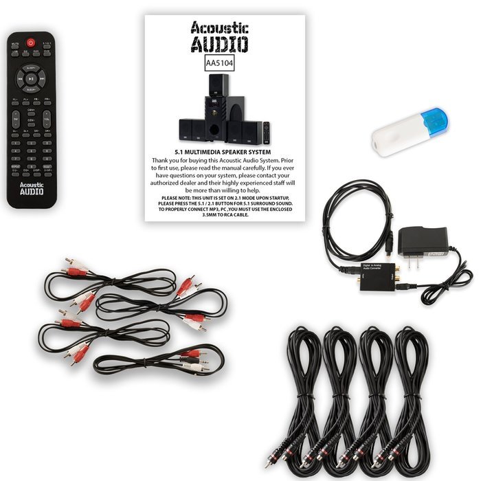 Acoustic Audio AA5104 Home 5.1 Speaker System with USB Bluetooth Optical Input and 4 Ext. Cables N2