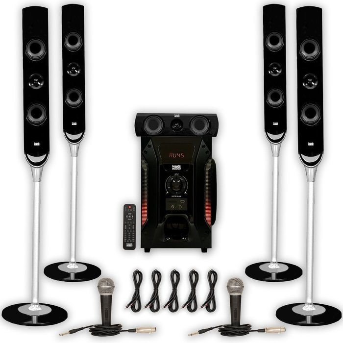 Acoustic Audio AAT1000 Tower 5.1 Speaker System with 2 Mics Powered Sub and 5 Extension Cables N2